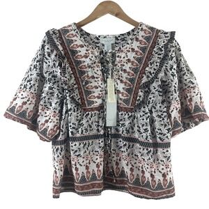 Calypso St Barth Womens Large Cotton Paisley Ruffle Boho Blouse NWT White Brown